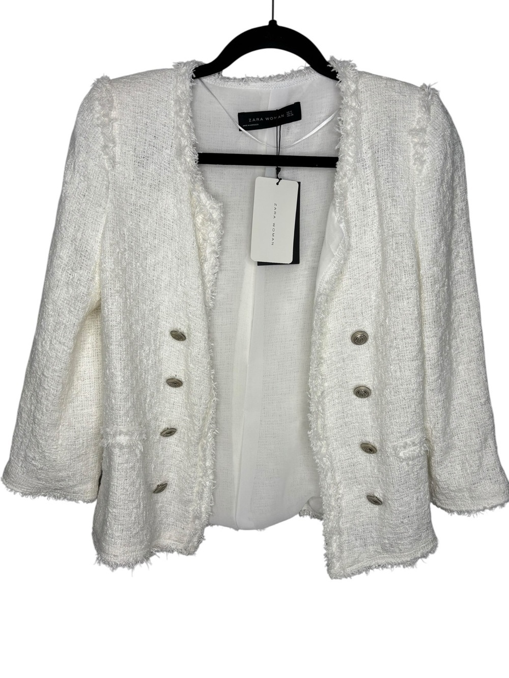 NEW ZARA Womens White Tweed Cotton Preppy Academia Blazer Size Medium Frayed Hem